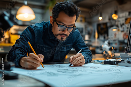 Modern industrial designer engaging in creative sketching at a workspace photo