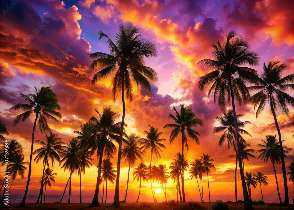 A stunning sunset paints the sky in vibrant hues, silhouetting palm trees and creating a tropical landscape that evokes feelings of summer and nature's beauty. A stunning sunset paints the sky in vibrant hues, silhouetting palm trees and creating a tropical landscape that evokes feelings of summer and nature's beauty.