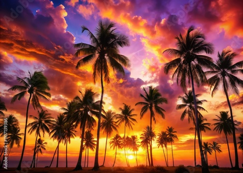 A stunning sunset paints the sky in vibrant hues, silhouetting palm trees and creating a tropical landscape that evokes feelings of summer and nature's beauty.