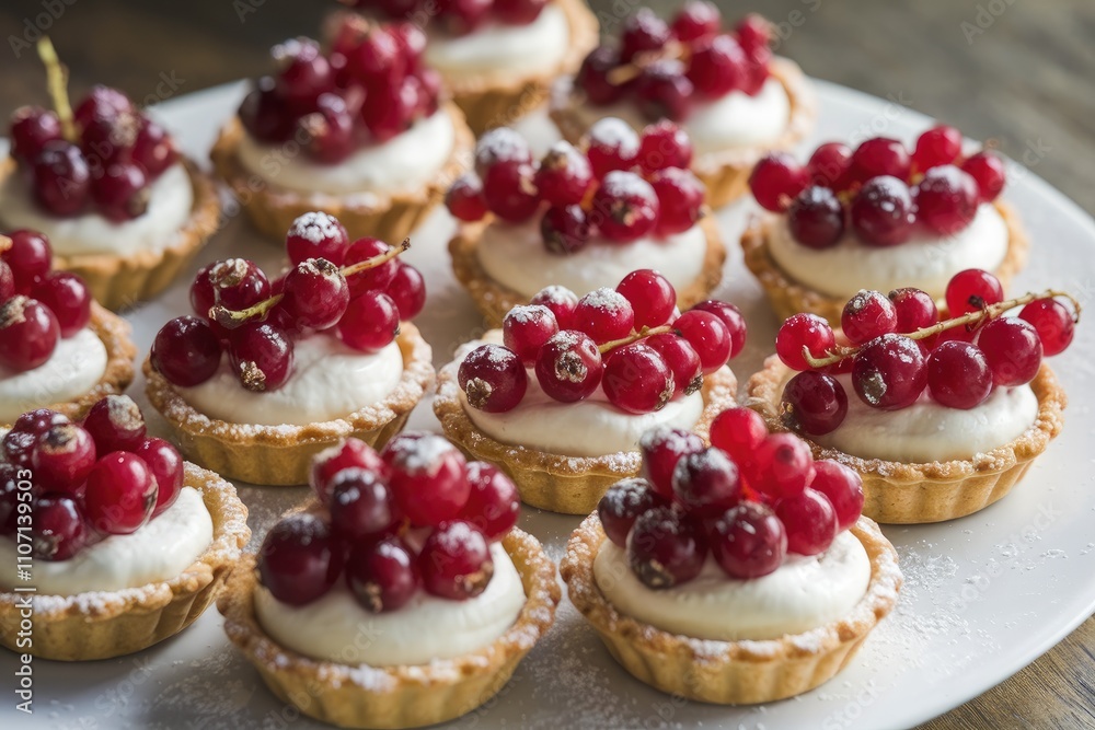 Delicious mini tarts with red currant and whipped cream filling sprinkled with icing sugar Delicious mini tarts with red currant and whipped cream filling sprinkled with icing sugar