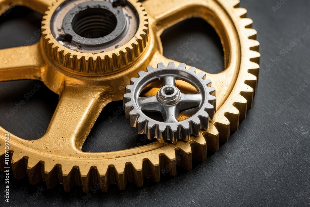 Interlocking metal gears rotating smoothly on dark background Interlocking metal gears rotating smoothly on dark background