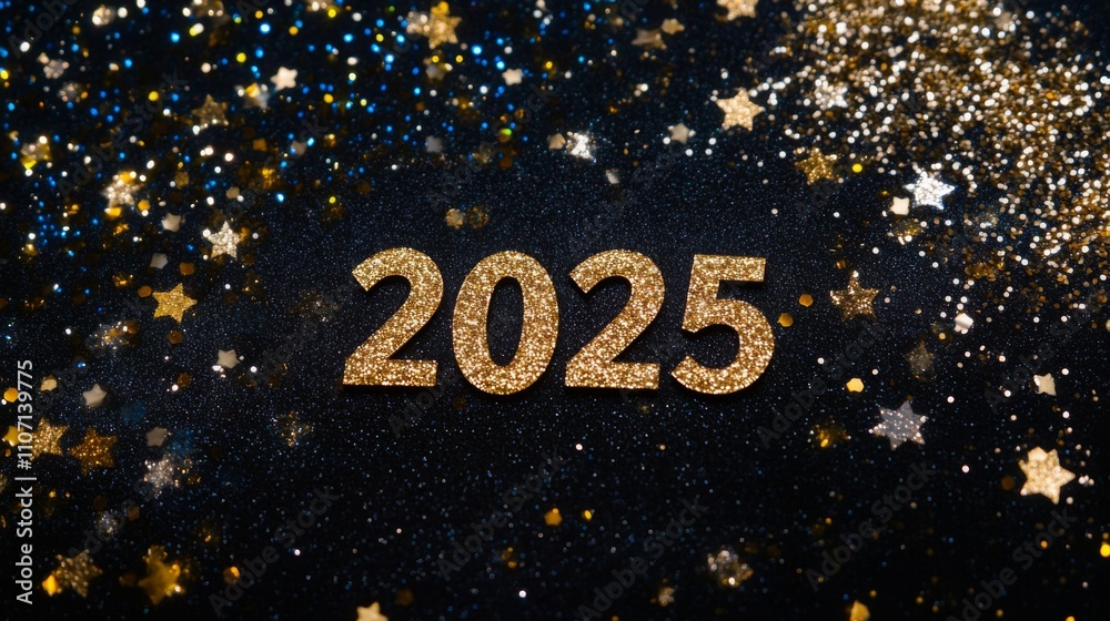 2025 Golden Numbers on Black Background with Glitter and Sparkle, Golden Dust Particles for Minimalistic New Year Concept, New Year's Card Template, Flat Lay Top View with Copy Space for Text 2025 Golden Numbers on Black Background with Glitter and Sparkle, Golden Dust Particles for Minimalistic New Year Concept, New Year's Card Template, Flat Lay Top View with Copy Space for Text