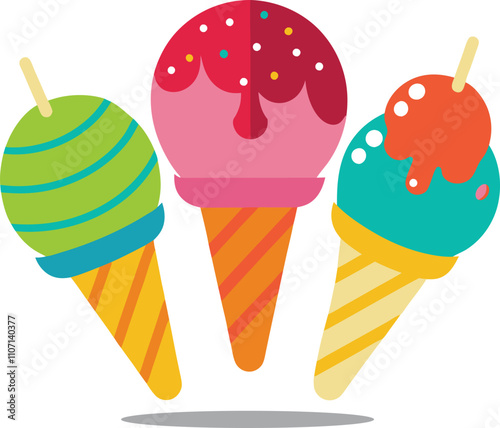 Melting ice cream balls in the waffle cone isolated on pink background. Vector flat outline icon. Comic character in cartoon style illustration for t shirt design