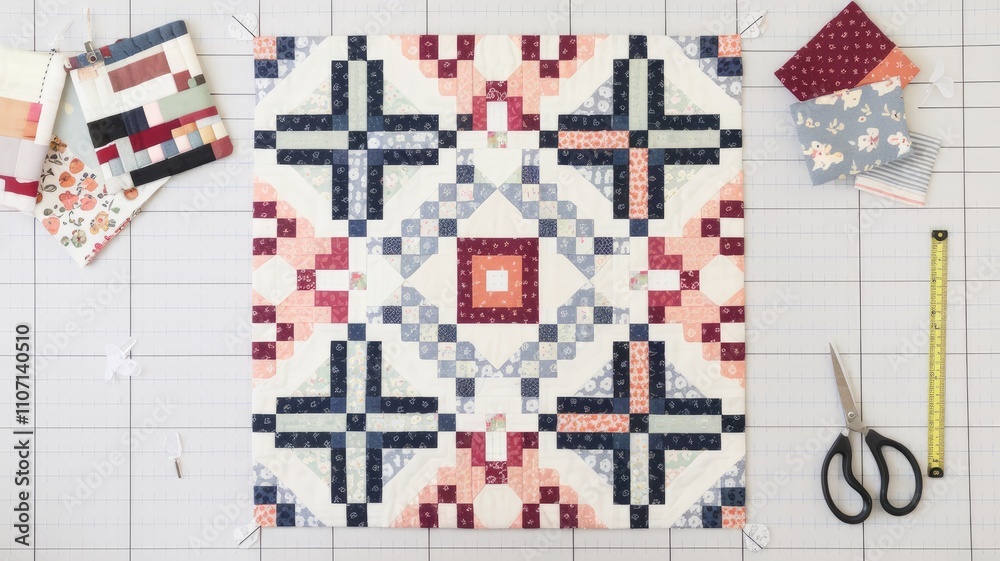 Obraz premium Tailor creating patchwork quilt with geometric pattern on cutting mat