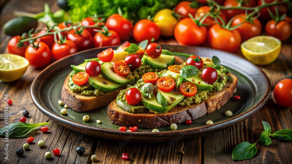 Stylish Presentation of Avocado Toast with Cherry Tomato and Caper Salsa on Trendy Plate Surrounded by Fresh Ingredients for a Modern Culinary Aesthetic Stylish Presentation of Avocado Toast with Cherry Tomato and Caper Salsa on Trendy Plate Surrounded by Fresh Ingredients for a Modern Culinary Aesthetic