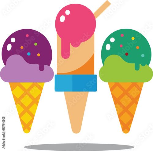 Melting ice cream balls in the waffle cone isolated on pink background. Vector flat outline icon. Comic character in cartoon style illustration for t shirt design