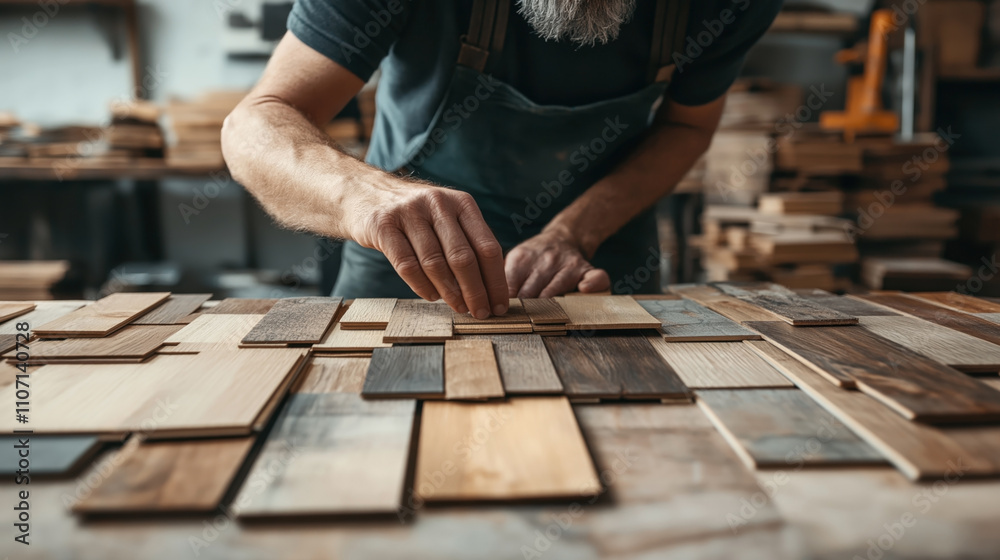 Close-up of a craftsman arranging various wood veneer samples on a table in a workshop environment. The scene features a focused view of the man's hands and a diverse array of wood textures. Close-up of a craftsman arranging various wood veneer samples on a table in a workshop environment. The scene features a focused view of the man's hands and a diverse array of wood textures.
