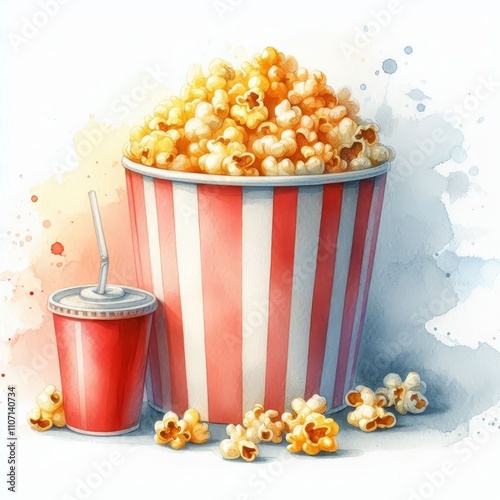 Bucket of popcorn and soda cup with straw on a watercolor background. Cinema snacks concept. Design for poster and banner