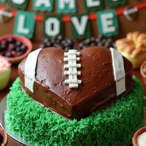 Valentine Football Cake. A heart-shaped chocolate cake decorated with a football design, surrounded by green frosting and a 