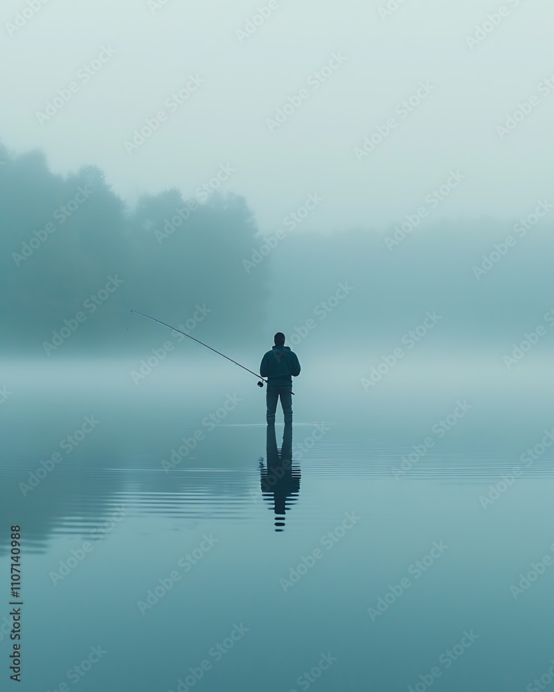 Fisherman Casts Line, Misty Lake, Solitude Fisherman Casts Line, Misty Lake, Solitude