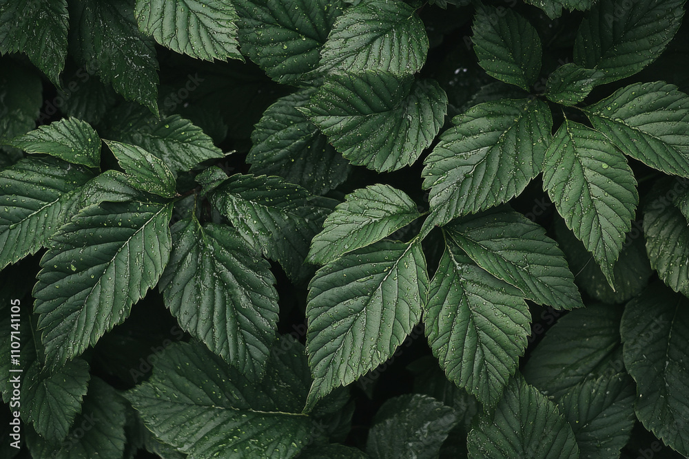 Textured rain-washed leaves, glossy green surfaces with visible droplets under soft light, fresh and detailed Textured rain-washed leaves, glossy green surfaces with visible droplets under soft light, fresh and detailed
