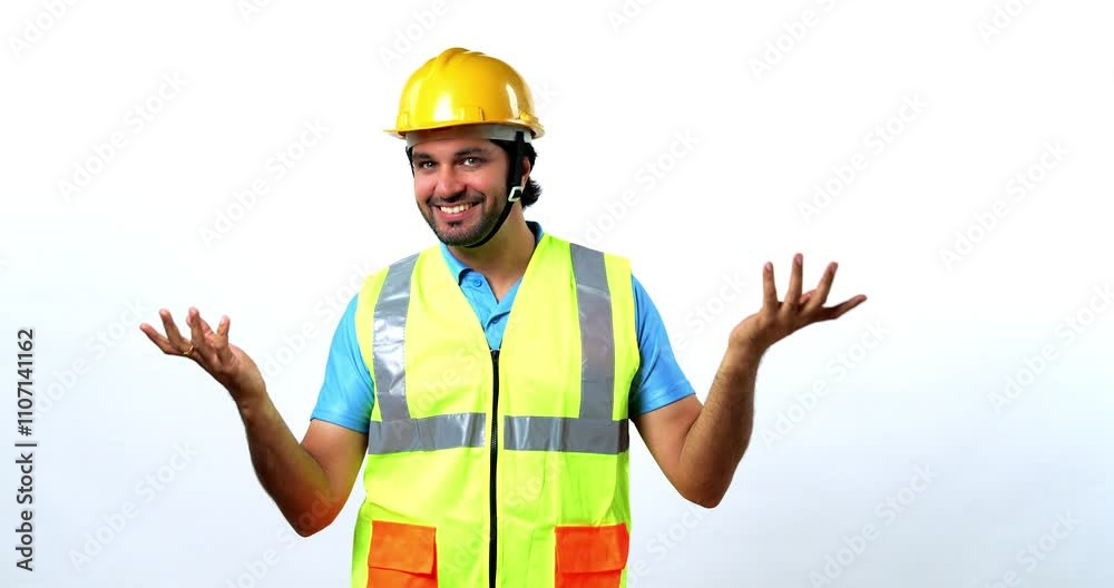 Portrait of a Happy and Confident Indian Bearded Civil Engineer in Fluorescent Jacket and Yellow Hard Hat Clapping Hands and Appreciating Work, Isolated on White Background Portrait of a Happy and Confident Indian Bearded Civil Engineer in Fluorescent Jacket and Yellow Hard Hat Clapping Hands and Appreciating Work, Isolated on White Background