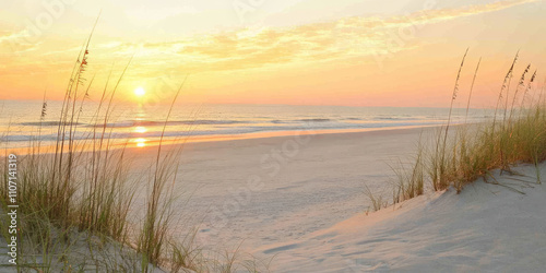 A serene beach sunset with golden sand, gentle waves, and the sun dipping below the horizon. The sky is painted in soft pinks and oranges, creating a tranquil and romantic vibe.