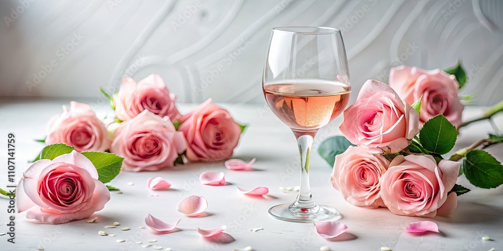 Minimalist Rose Wine and Roses Composition on White Background - Elegant Still Life Photography with Floral Accents for Home Decor, Invitations, and Social Media Content Minimalist Rose Wine and Roses Composition on White Background - Elegant Still Life Photography with Floral Accents for Home Decor, Invitations, and Social Media Content