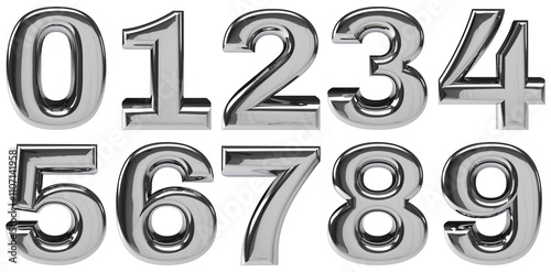 set of metal silver chrome bold number3d rendering