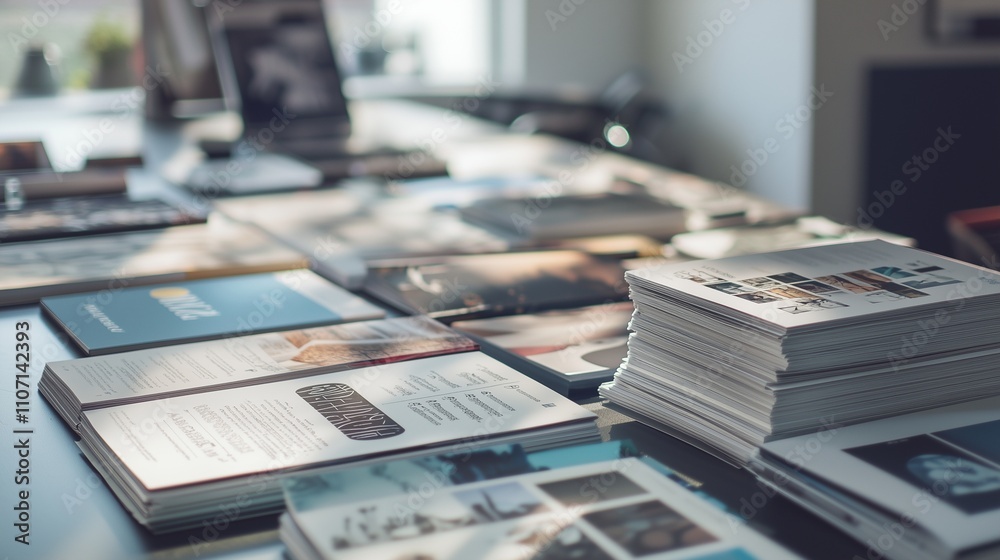 Stacked catalogs on a table, showcasing vibrant print materials for marketing. Stacked catalogs on a table, showcasing vibrant print materials for marketing.