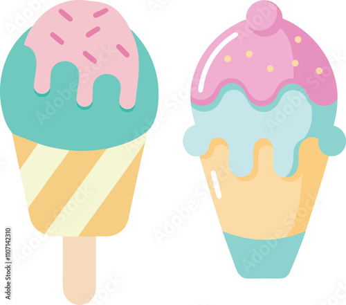 Melting ice cream balls in the waffle cone isolated on pink background. Vector flat outline icon. Comic character in cartoon style illustration for t shirt design