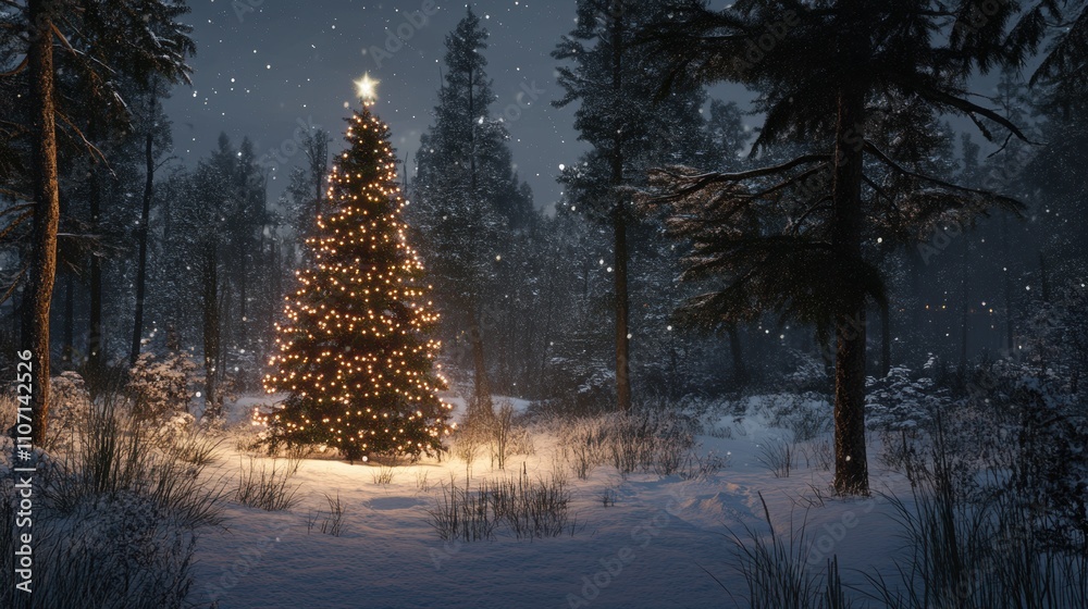 Beautiful Snowy Forest Scene with a Glowing Christmas Tree Illuminated by Twinkling Lights and Falling Snowflakes in a Magical Winter Wonderland Beautiful Snowy Forest Scene with a Glowing Christmas Tree Illuminated by Twinkling Lights and Falling Snowflakes in a Magical Winter Wonderland