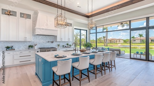 Elegant modern kitchen featuring smart glass backsplash and soft ambient lighting in a spacious home