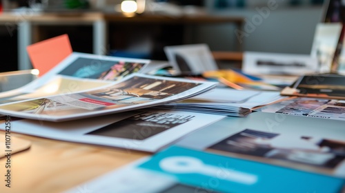 Printed catalogs and marketing materials on a desk symbolize branding and design creativity.