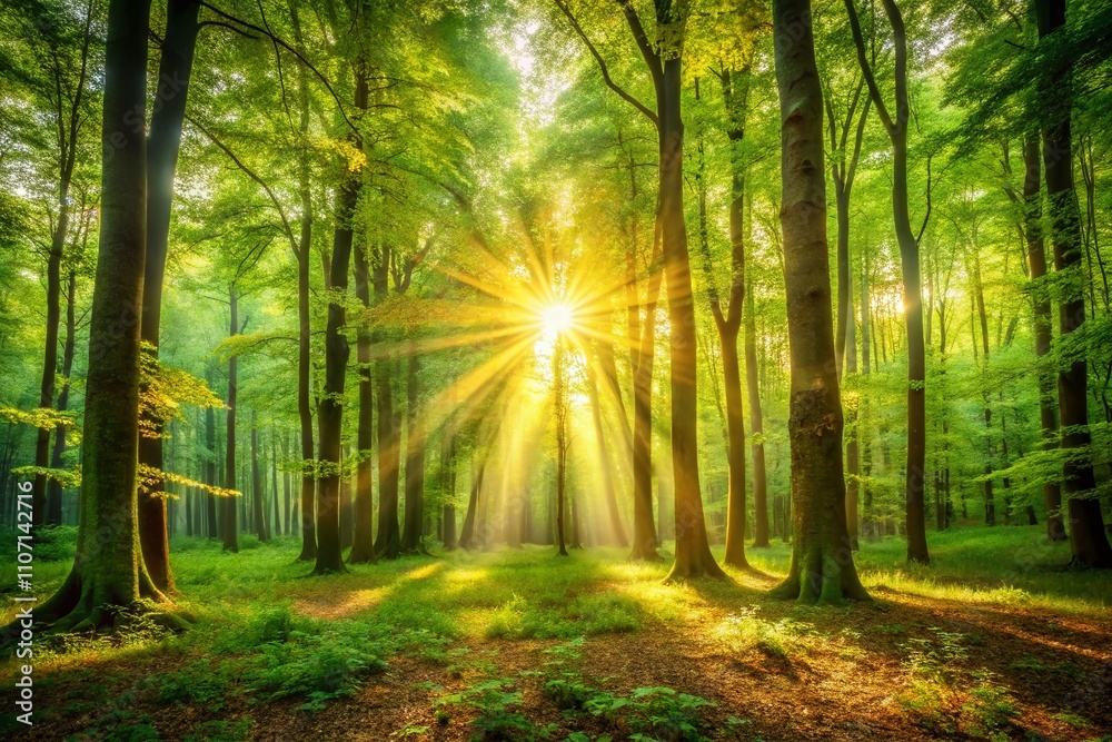 Fototapeta premium Sunlight Filtering Through Leaves, Creating a Golden Glow of Hope and Faith in Nature's Embrace Captured in a Serene Forest Setting with Ample Copy Space for Text