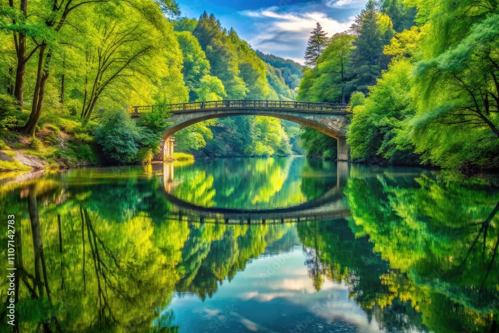 Fototapeta A tranquil double exposure captures a serene bridge above a calm river, enveloped by vibrant green forests, creating a peaceful and harmonious natural scene.