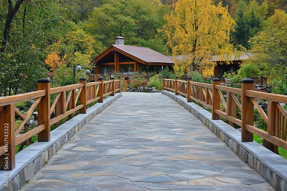Obraz premium elegant paving stones pedestrian bridge covered with grey and cream wooden shiny in lodge buildings 