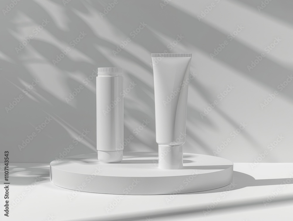 Two blank white tubes on a round podium with shadows from a window. Two blank white tubes on a round podium with shadows from a window.