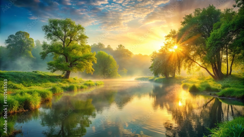A tranquil spring sunrise casts gentle light over a misty river, surrounded by lush forests, creating a dreamy bokeh effect that enhances serene beauty. A tranquil spring sunrise casts gentle light over a misty river, surrounded by lush forests, creating a dreamy bokeh effect that enhances serene beauty.