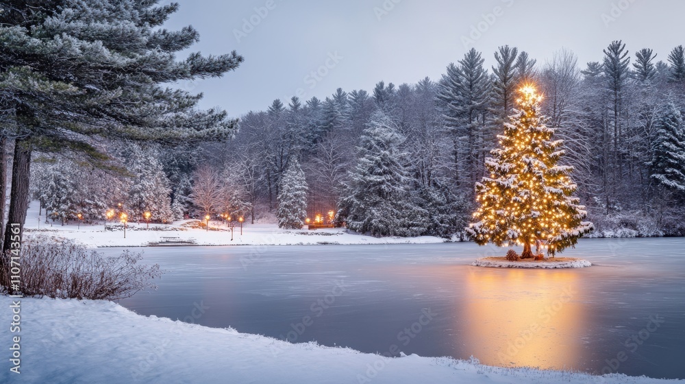 Fototapeta premium Serene Winter Landscape with Snow-Covered Ground, Frozen Lake, and a Beautifully Decorated Christmas Tree Illuminated in a Tranquil Setting