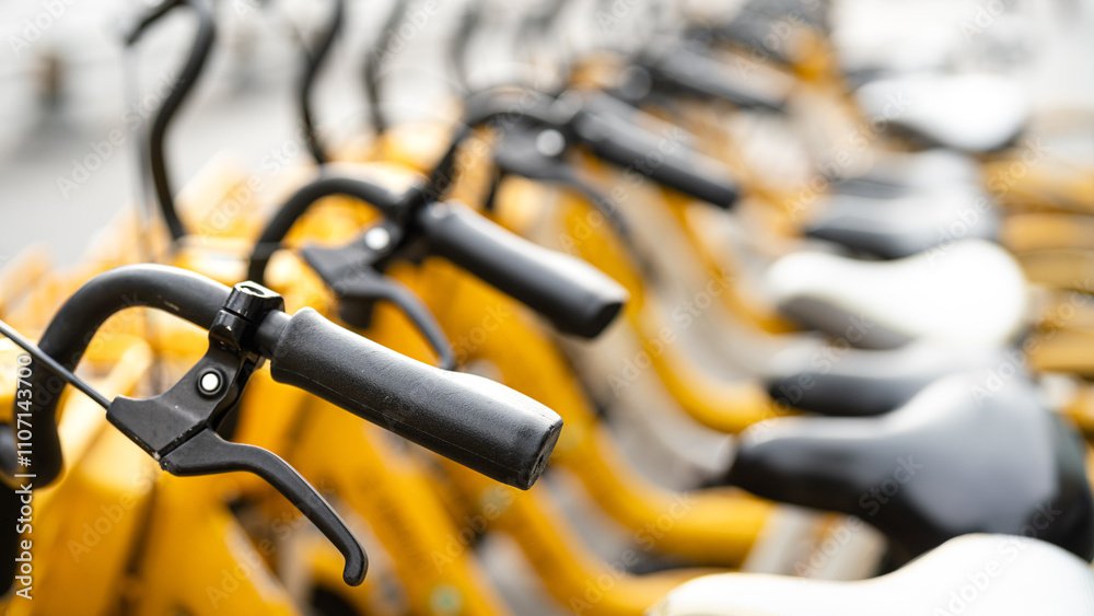 Fototapeta premium Group of rental bicycles that parking in the city, transportation service vehicle for eco-friendly. Close-up with selective focus at handlebar part.