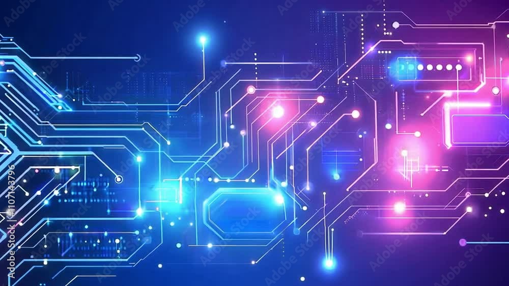 Abstract digital circuitry with glowing neon lights and a blue and purple gradient background