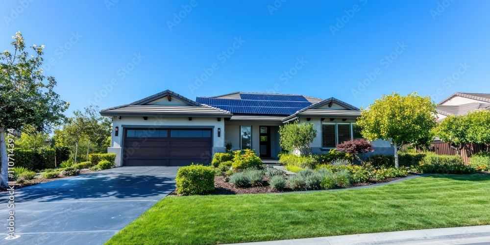 A modern suburban home with solar panels on the roof, surrounded by greenery and a clear blue sky. A modern suburban home with solar panels on the roof, surrounded by greenery and a clear blue sky.
