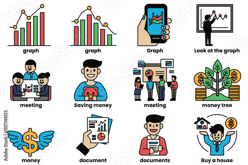 Set of illustrations in the concept of Salaryman and Investment in a line style