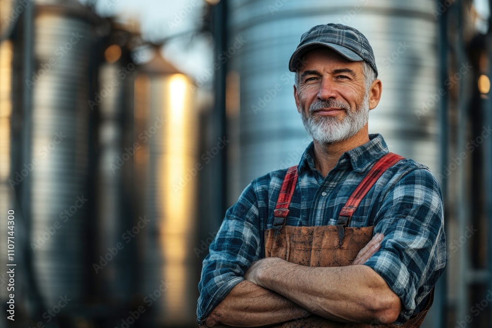 Portrait of smiling farmer standing with arms crossed in front of silo Portrait of smiling farmer standing with arms crossed in front of silo