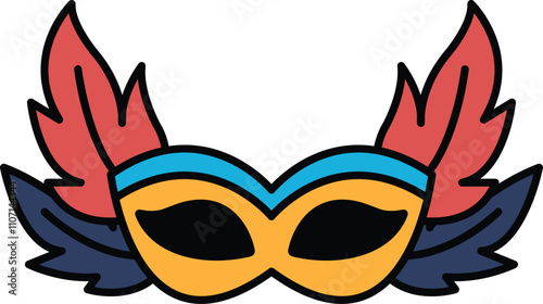 A cartoon mask with red, blue, and yellow feathers