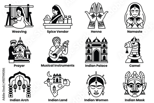Set of illustrations in the concept of Indian culture in a line style