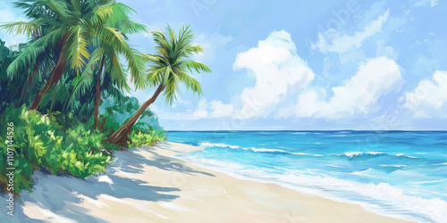 A tropical beach scene with fine white sand, turquoise water gently lapping the shore, and lush green palm trees swaying in a soft breeze. The sky is bright blue with a few fluffy white clouds,