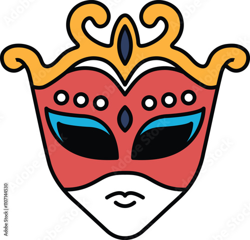 A red and yellow mask with a gold crown on top