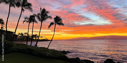 A tranquil tropical sunset with silhouettes of palm trees and gentle waves lapping the shore. The sky is painted with shades of orange, pink, and purple, creating a relaxing vibe.