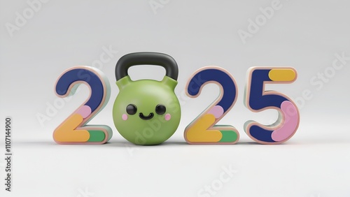 2025 with a cute green kettlebell on a white background, fitness and health concept, modern illustration, ideal for sports and wellness promotions