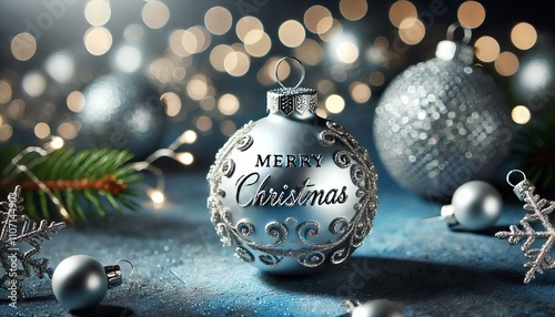 Silver Christmas Ornament - Decorated Christmas Bauble Background with Merry Christmas Text Christmas Ornament with Christmas Tree - Holiday Diffused Bokeh Wallpaper - Snow, Mistletoe and Presents