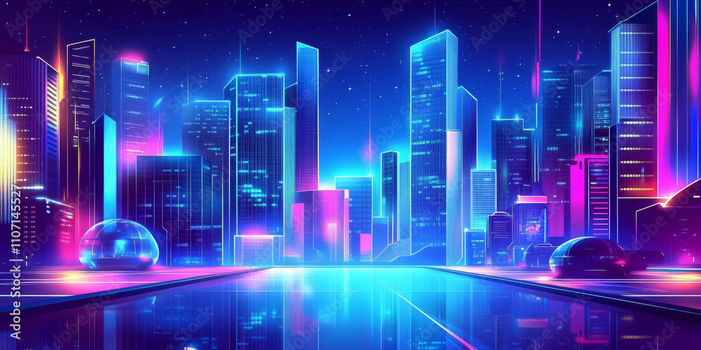 A futuristic cityscape background at night with glowing neon lights in vibrant shades of blue, purple, and pink. Tall skyscrapers with unique designs and hovering vehicles add a sci-fi ambiance. The