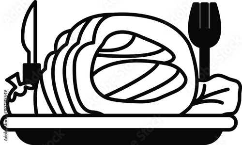A cartoon drawing of a meatloaf with a fork and knife on a white plate