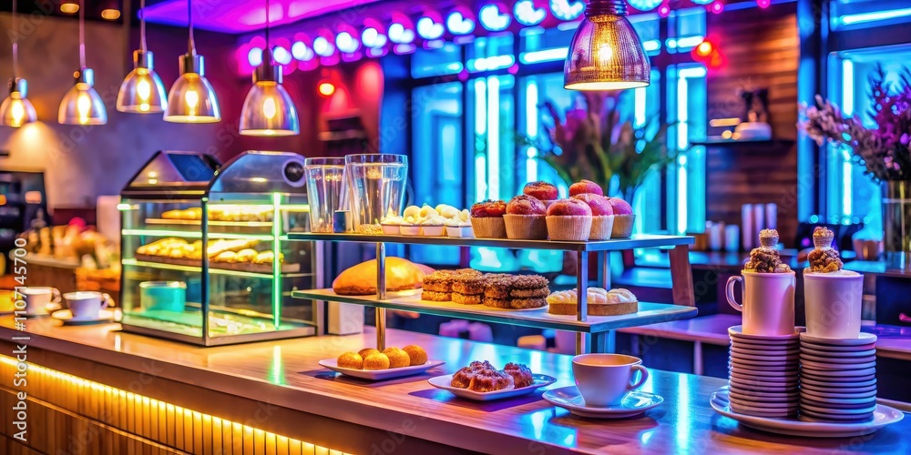 A vibrant cafe interior featuring neon lights, fresh pastries, and coffee machines, creating a cozy, trendy atmosphere with delightful culinary experiences in urban coffee shops. A vibrant cafe interior featuring neon lights, fresh pastries, and coffee machines, creating a cozy, trendy atmosphere with delightful culinary experiences in urban coffee shops.