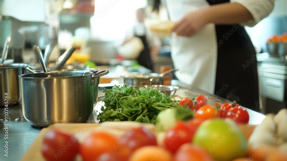 A nutritionist conducting a cooking class on healthy eating habits in a community kitchen, with fresh ingredients and cooking utensils on display, Informative style A nutritionist conducting a cooking class on healthy eating habits in a community kitchen, with fresh ingredients and cooking utensils on display, Informative style