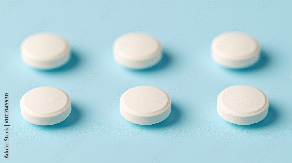 Six white round pills on a light blue background. Six white round pills on a light blue background.