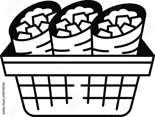 Three burritos with vegetables in a basket