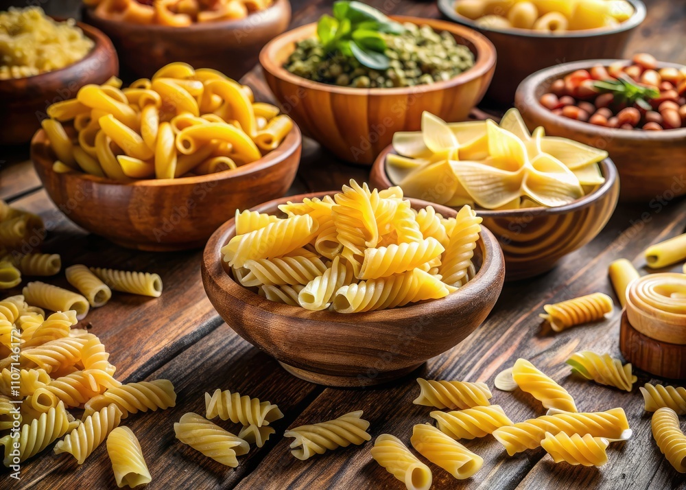 A vibrant collection of pasta shapes and colors displayed in rustic wooden bowls, showcasing various textures. Perfect for culinary art and photography inspiration. A vibrant collection of pasta shapes and colors displayed in rustic wooden bowls, showcasing various textures. Perfect for culinary art and photography inspiration.