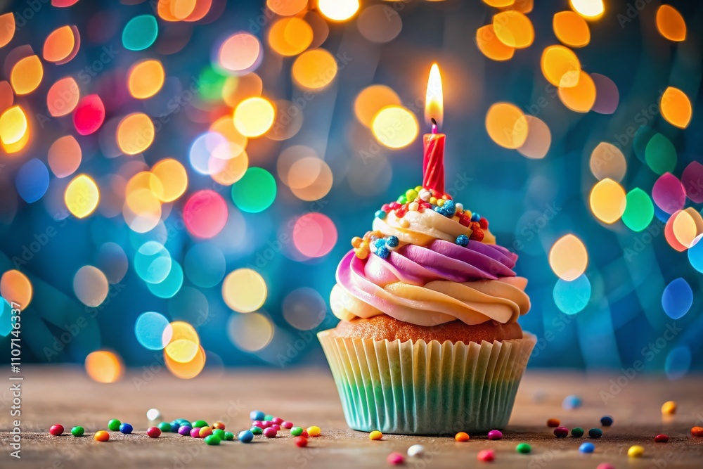 A vibrant cupcake topped with a lit candle shines amidst shimmering bokeh lights, creating a joyful atmosphere for a festive birthday celebration filled with delightful treats. A vibrant cupcake topped with a lit candle shines amidst shimmering bokeh lights, creating a joyful atmosphere for a festive birthday celebration filled with delightful treats.